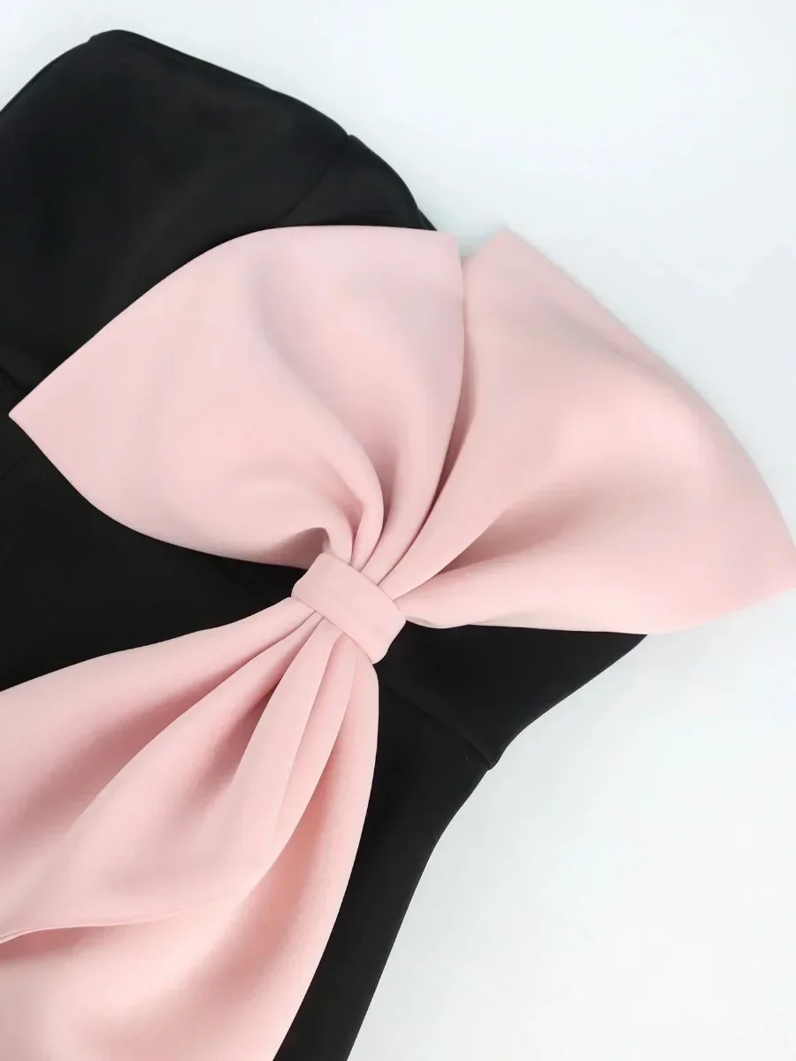 Party Formal Dresses Women Tube Top Black Pink Big Bow Patchwork Bodycon High Waist Slim Fit Evening Club Event Midi Gowns