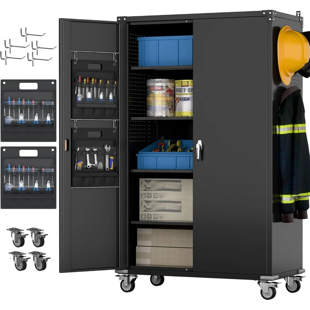 

Extra Large Cabinet on Wheels, Metal Storage Cabinet with Pegboards, Steel 2 Handles Locking Doors and Adjustable Shelves, for