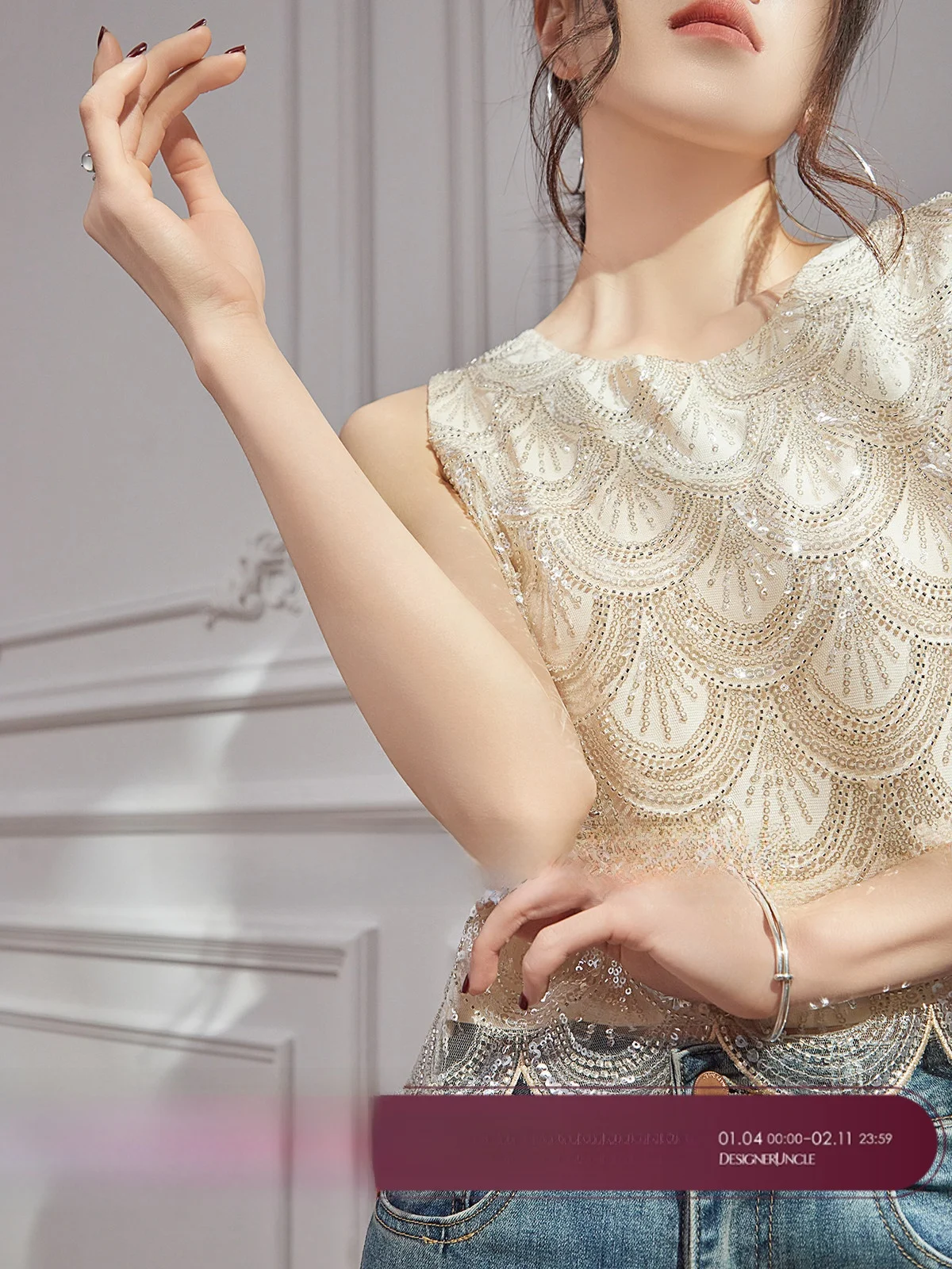 

Heavy Embellied Sequin Vest Women's Summer Outerwear Svel Uncle Original Design Loose Fit Polyester Fabric