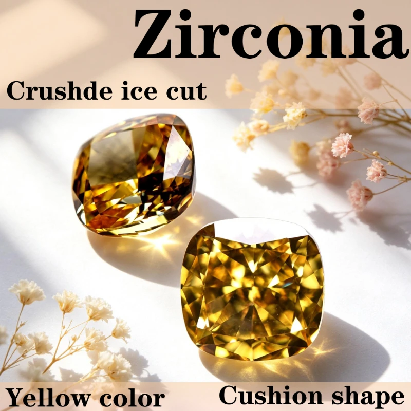 Kubisches Zirkonium, Crushed-Ice-Schliff, quadratische Kissenform, gelbe Farbe, 5A+-Qualität, CZ, 4K-Schliff, hochkarätiger Diamant – Detail 1