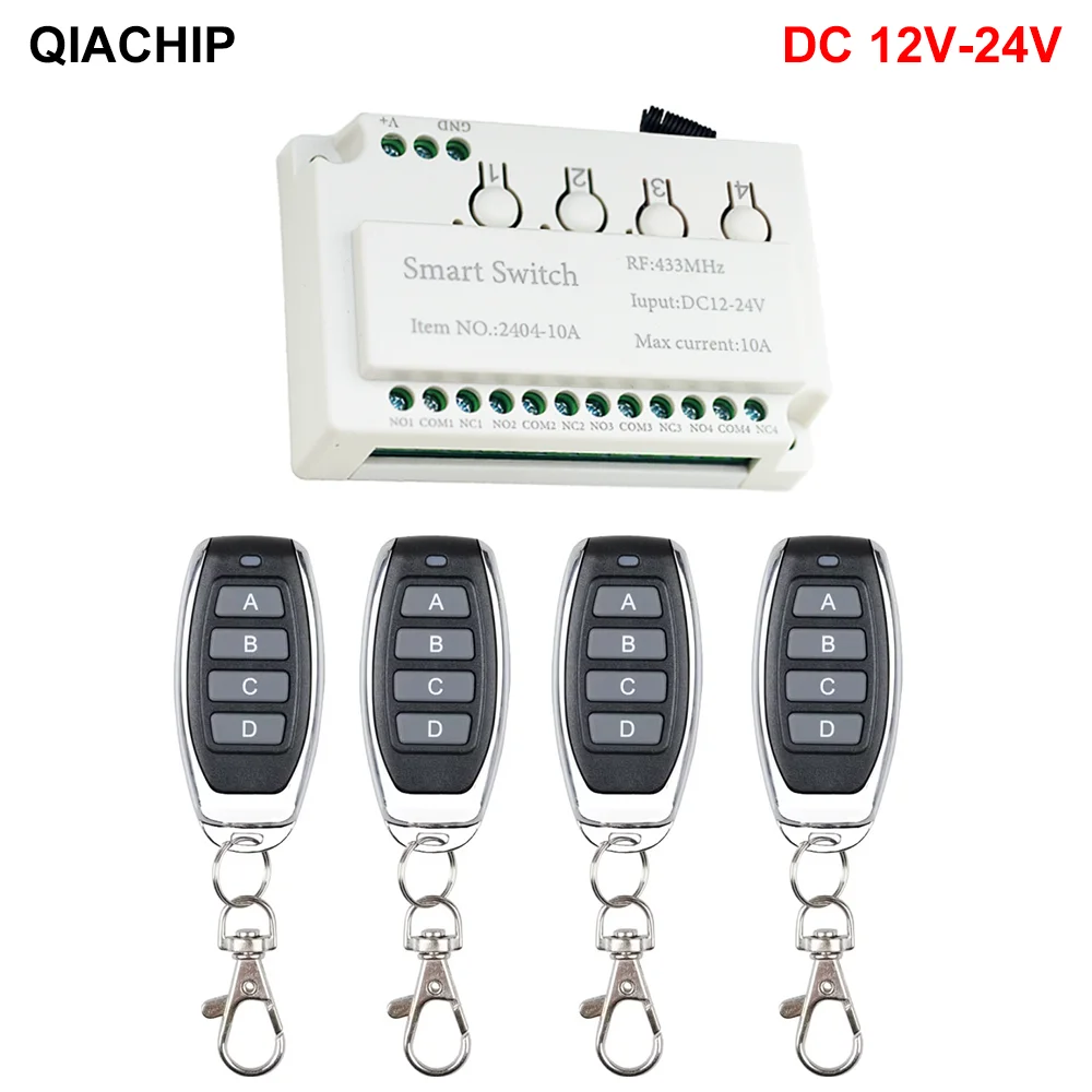 

QIACHIP 433MHz DC 12V 24V 10A 4CH Relay Module Receiver Wireless Remote Control Switch For Garage Door Motor Fan LED Light