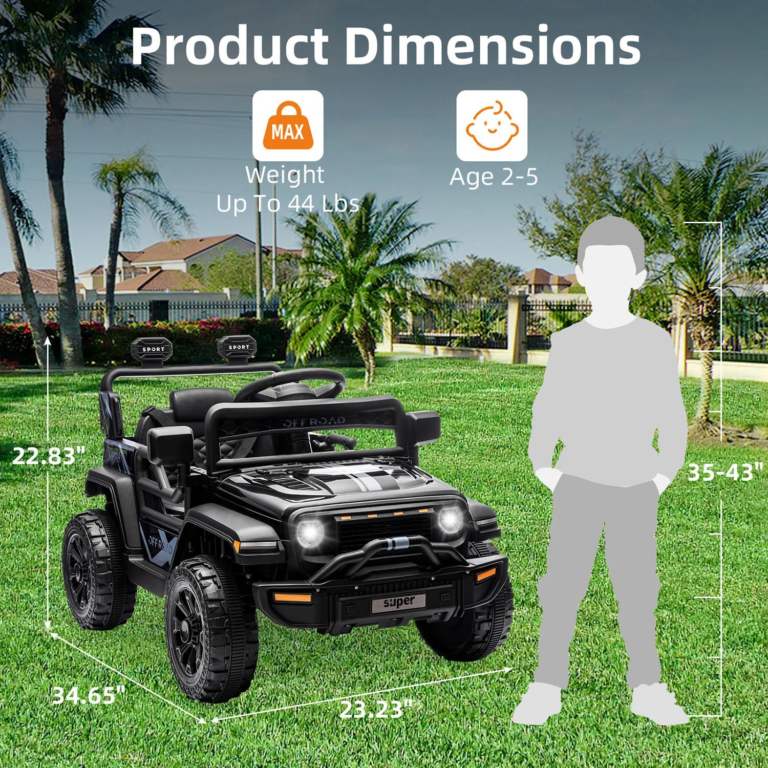 12V Kids Ride On Truck - Battery Powered Electric Car with Remote Control - Dual 25W Motors - 4-Wheel Spring Suspension - LED Headlights - Music Player - 2 Speeds - For Boys & Girls Ages 3-5