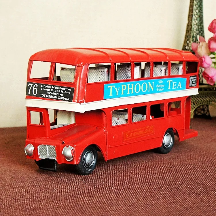 Double Decker Bus Model 1954 London, England, Red Handmade Vintage Route 76 Iron Car Miniatures Figurines Home Decoration