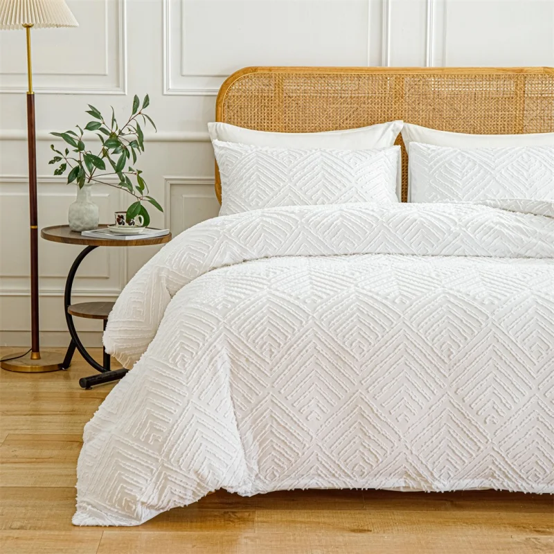 

2/3pcs Tufted Beige Duvet Cover Set Soft Microfiber Quilt Cover+Pillowcase For All-Seasons Bohe White Wedding Double US King