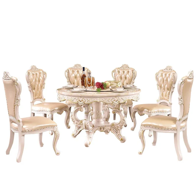 European marble dining table and chair combination round solid wood with turntable table simple French small dining table