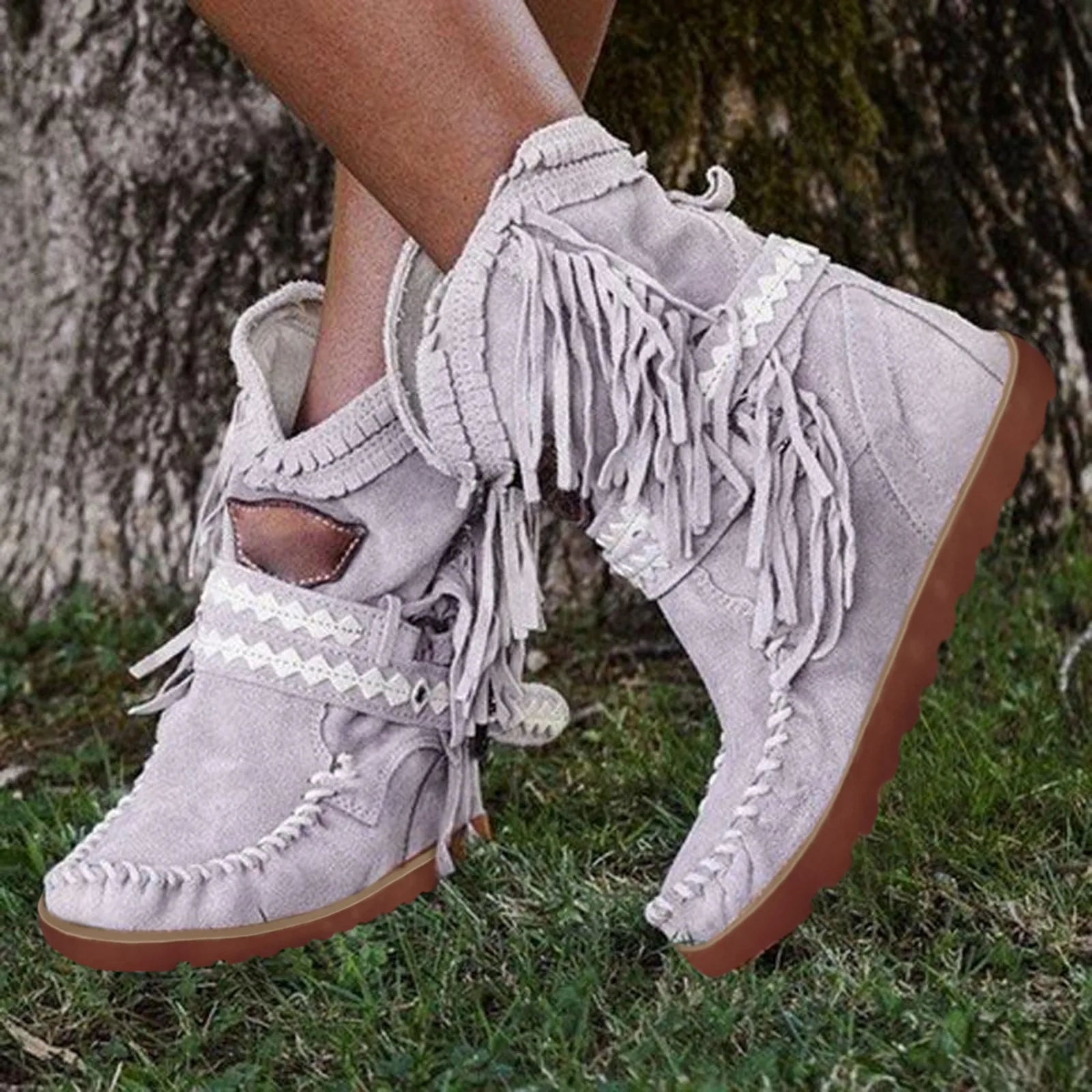 Fashion Women Boots Fringe Round Toe Flats Western Cowboy Boots Flat Heel Bohemia Style Fashion Personality Comfy Ladies Boots