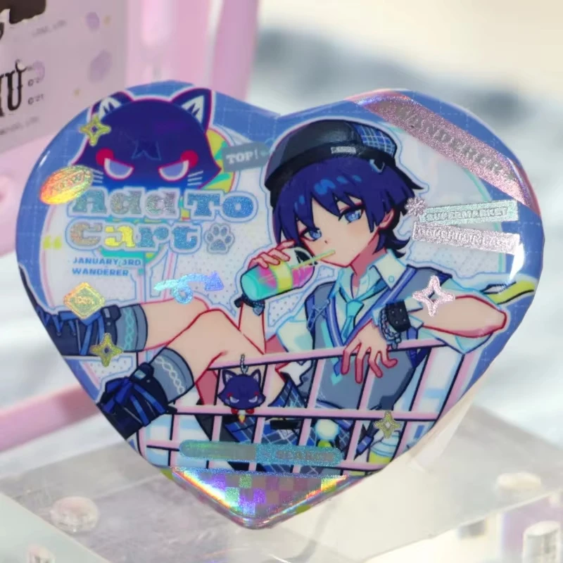 Wanderer Kabukimono Balladee Scaramouche Kunikuzushi Hat Guy Heart Shape Badge Brooch Pin Cosplay Badge Decoration Birthday Gift