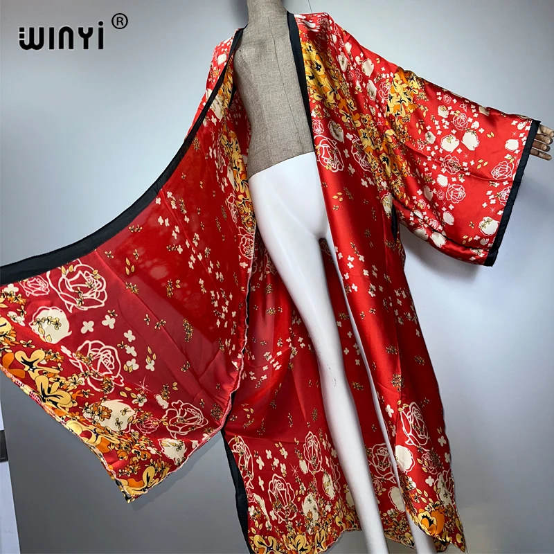 WINYI print boho kimono maxi beach wear cover up holidayparty dress abaya dubai luxury muslim woman fashion open front kaftan