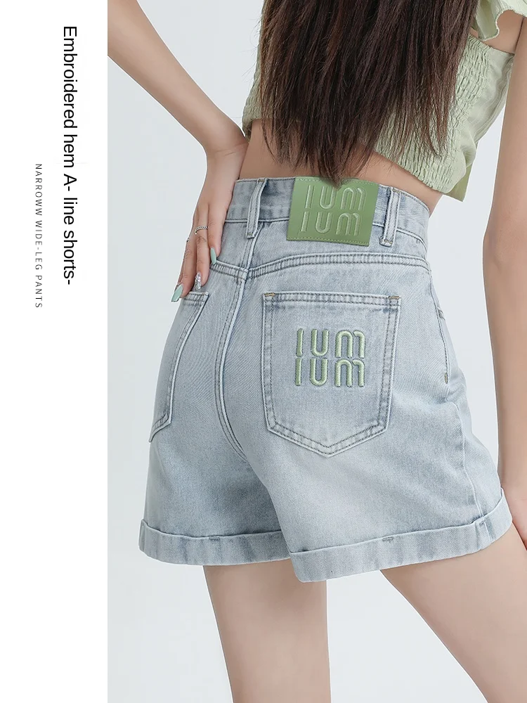 Stylish Embroidered Rolled Hem Denim Shorts for Women – 2024 New High-waisted Summer Thin A-Line Short Jeans