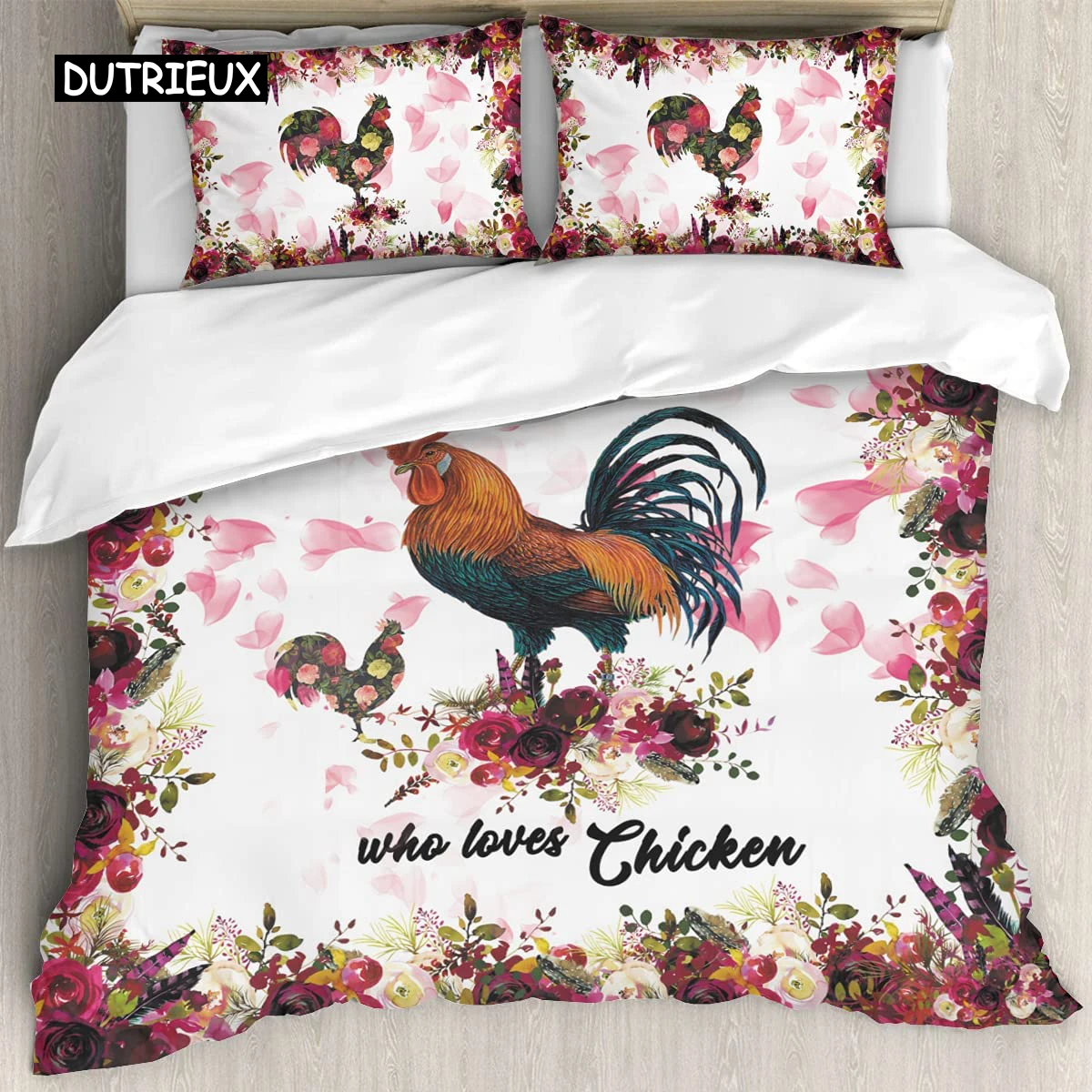 

Just A Girl Who Loves Chicken Bedding Set Farm Rooster Hen Bed Duvet Cover,Floral Twin King Queen 2/3pcs Polyester Quilt Cover