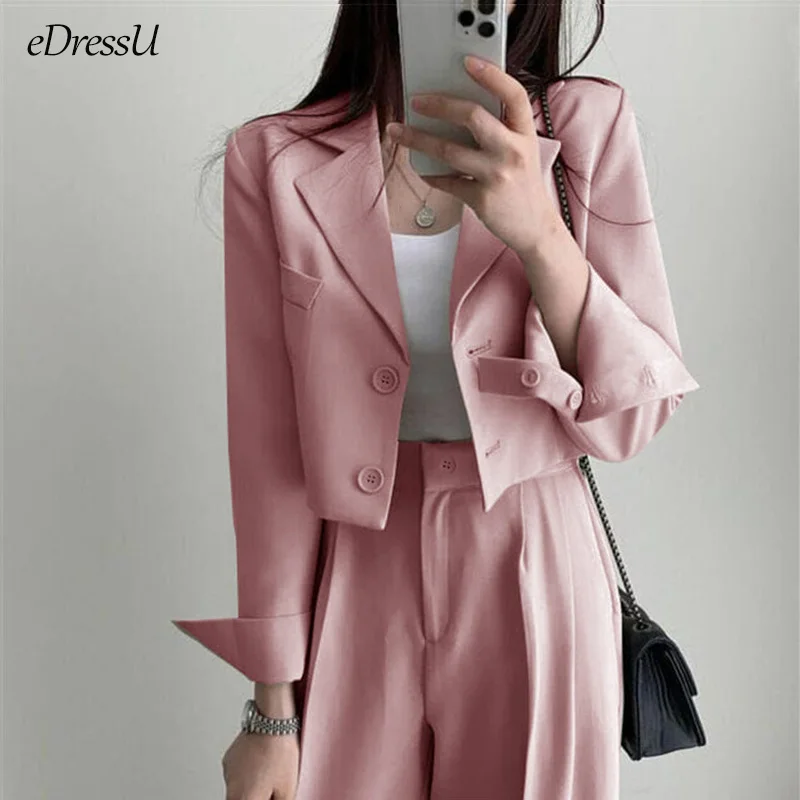 Woman Short Blazer Jacket Long Pants Trousers 2PCS Women Suits Office Lady Two-Piece Korean Casual Business Sets Outwear ZX-827