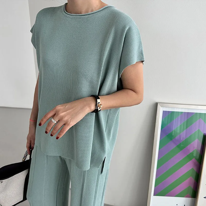 Women Chic Summer Loose Raglan Sleeve Camis Pleated Wide Leg Pants Split Top Casual Thin Elastic Band Pants Two-piece Set Spring