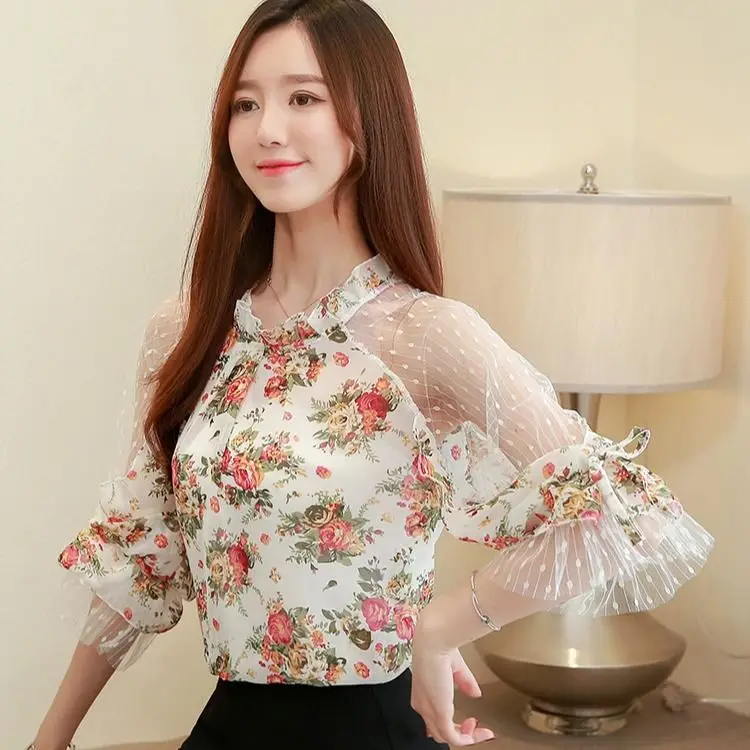 2024 Floral Chiffon Shirt New Summer Women Mesh Stitching Half Sleeve Tops Vintage Blouse Korean Women Shortsleeve T-Shirt 3XL