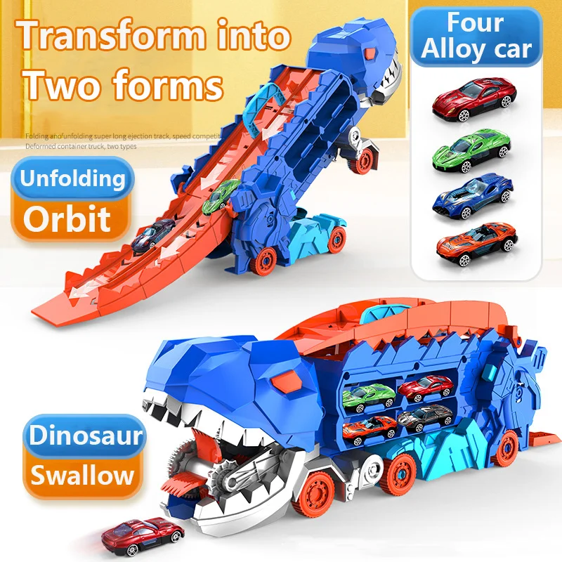 New Transport Dinosaur Truck with Foldable Sliding Race Track Transforms into Standing T-rex Best Birthday Gifts Toys Boys Girls