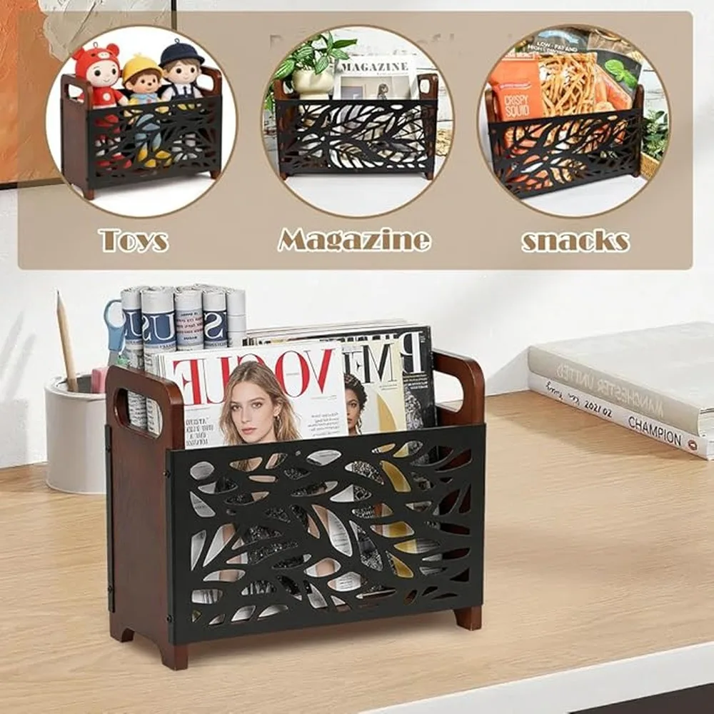 Wooden Record Holder Sturdy Construction Retro Aesthetic Storage Basket Wall Mounted Rack Easy