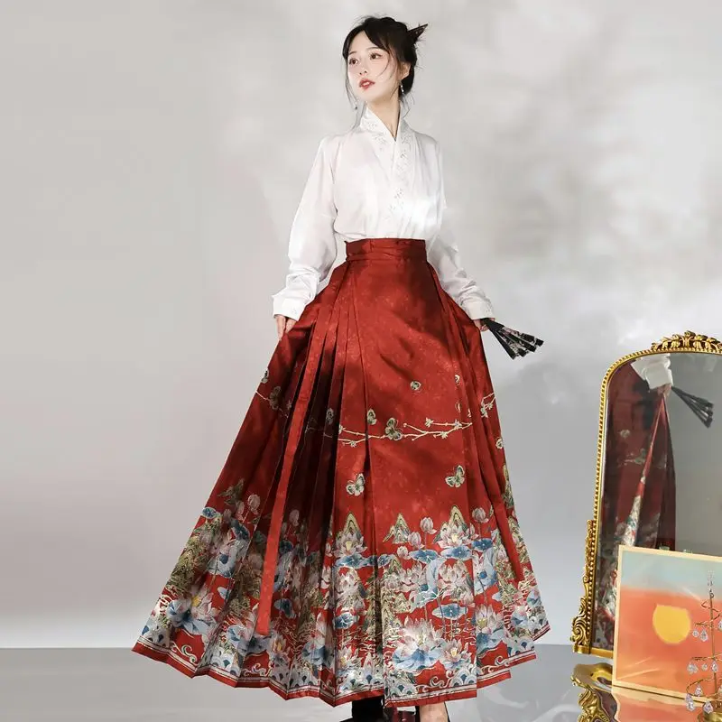 

Улучшенная юбка Hanfu с изображением лошади для женщин, традиционное китайское плетение золотого цвета, зеленые, синие, красные комплекты Hanfu, женские большие размеры L