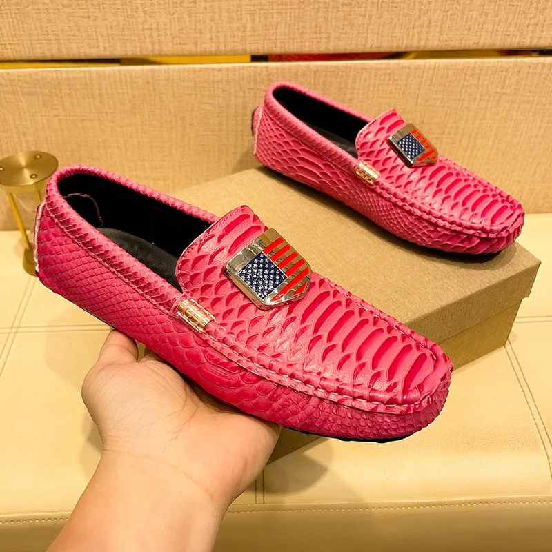 Crocodile Pattern Retro Men's Bean Shoes Casual Leather Shoes Large Size Breathable Driving Shoes Men