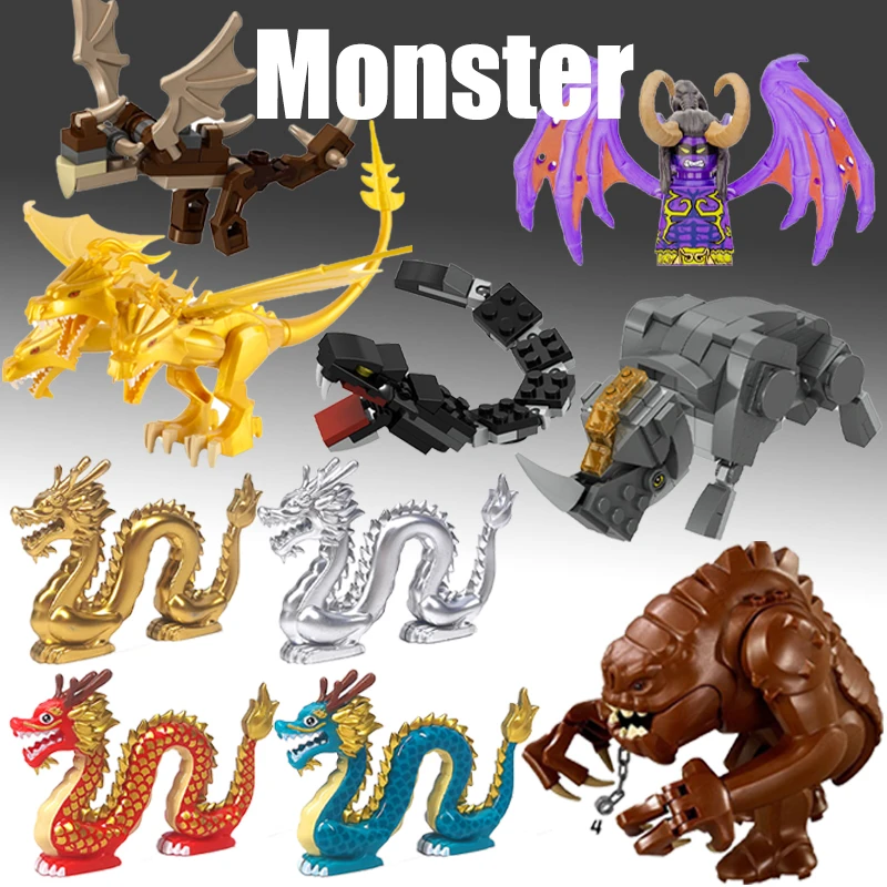 MOC Medieval Animal Zoo Farm Monster Building Blocks Gold Red Dragon Snake Action Figures Decoration City View Bricks Toys Gifts