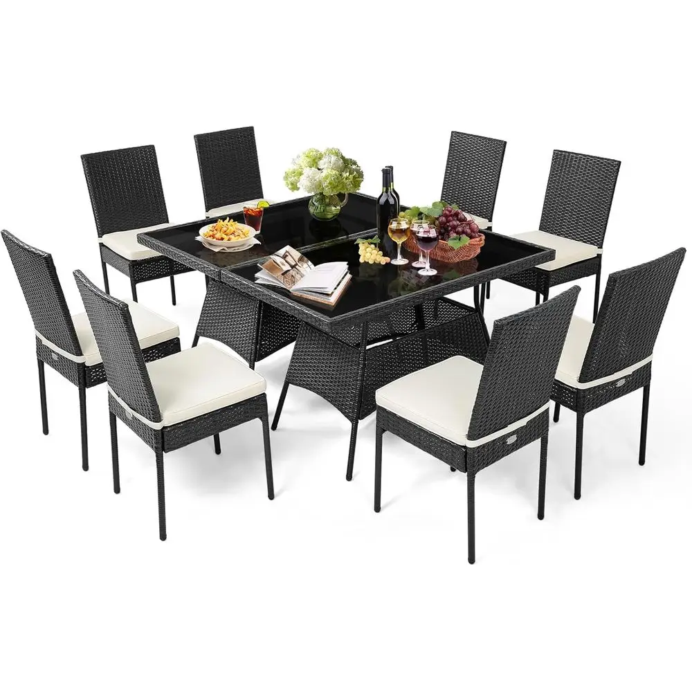 

10-Piece Outdoor Wicker Dining Set with Cushions, Patio Glass Table and Chairs for Garden or Poolside