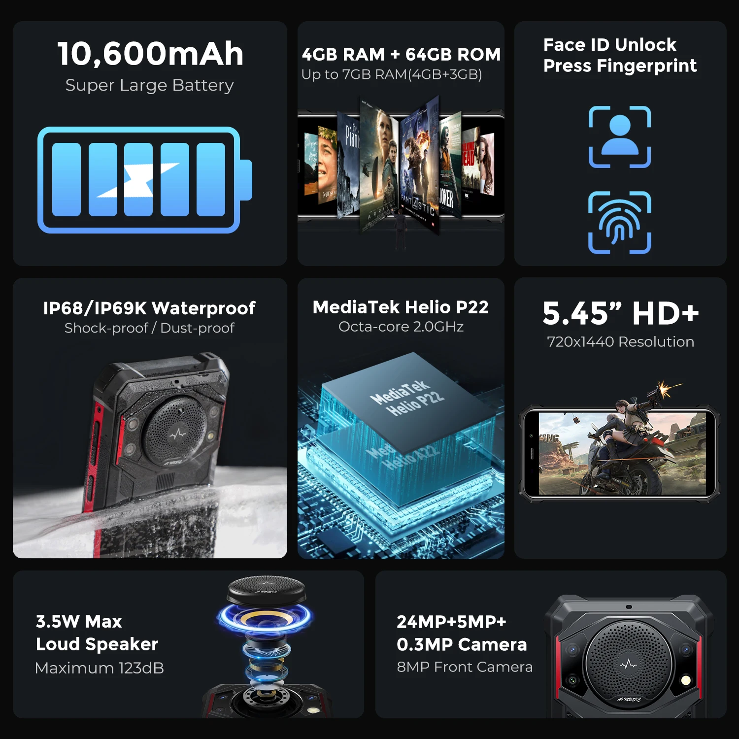 FOSSiBOT F101 P ثماني النواة وعرة 10600mAh 4GB 64GB الهاتف المحمول 24MP كاميرا 5.45 "HD شاشة IP68 مقاوم للماء الهاتف المحمول العالمي