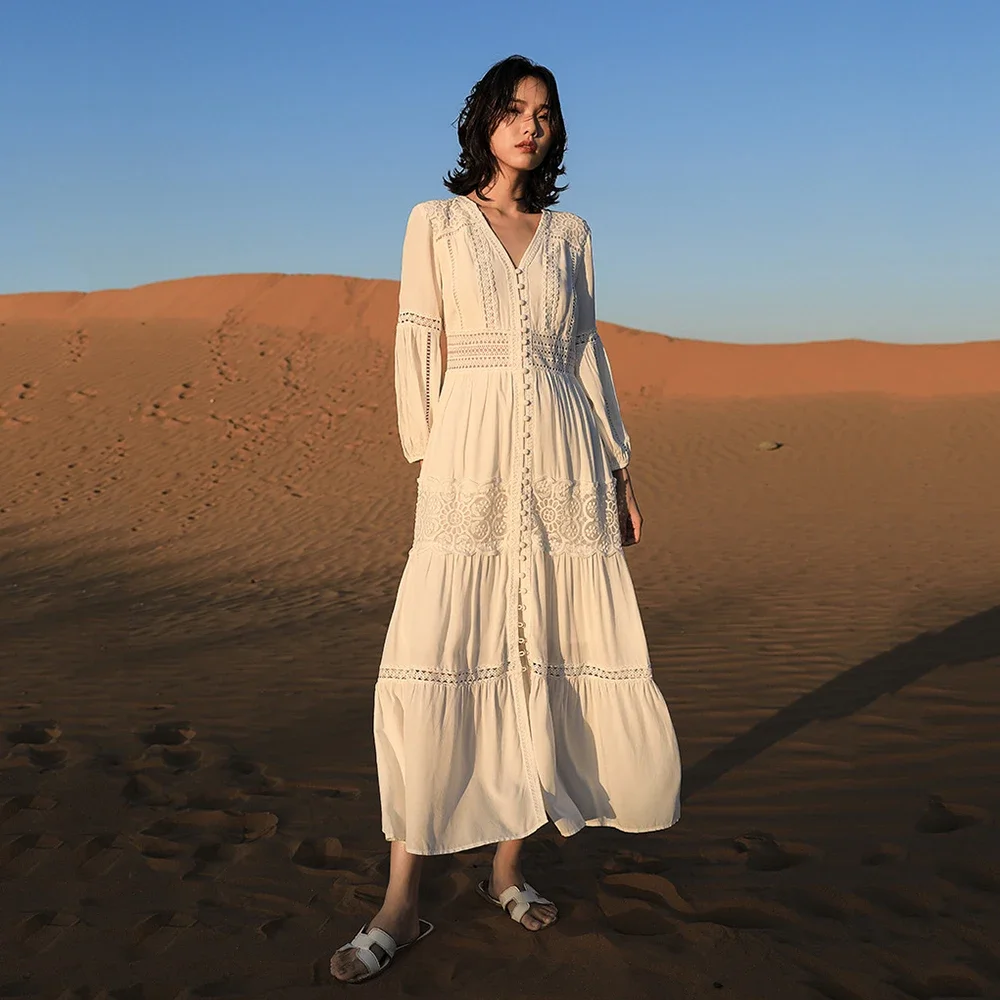 Robe longue en coton à boutonnage simple pour femmes, manches longues bouffantes, robe de plage élégante, blanc Boho Maxi, été, automne