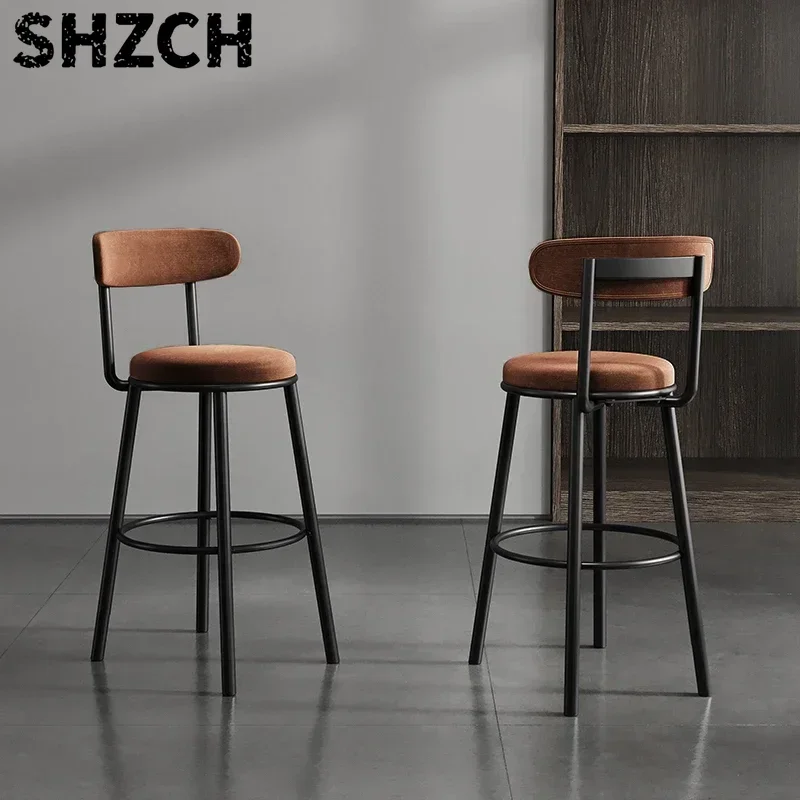Nordic Bar Chairs Iron High Feet Backrest Seat High-temperature Baking Paint Dining Stools Comfortable Velvet Modern Furniture