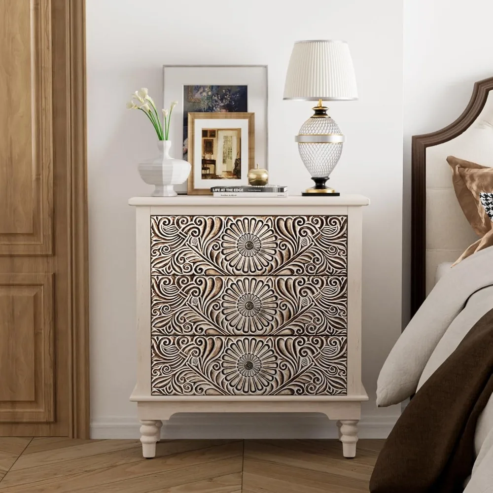 

3 Drawers Accent Dresser, Vintage Small Accent Chest with 4 Wood Legs, Free-Standing Buffet Server Nightstand End Table for Bed