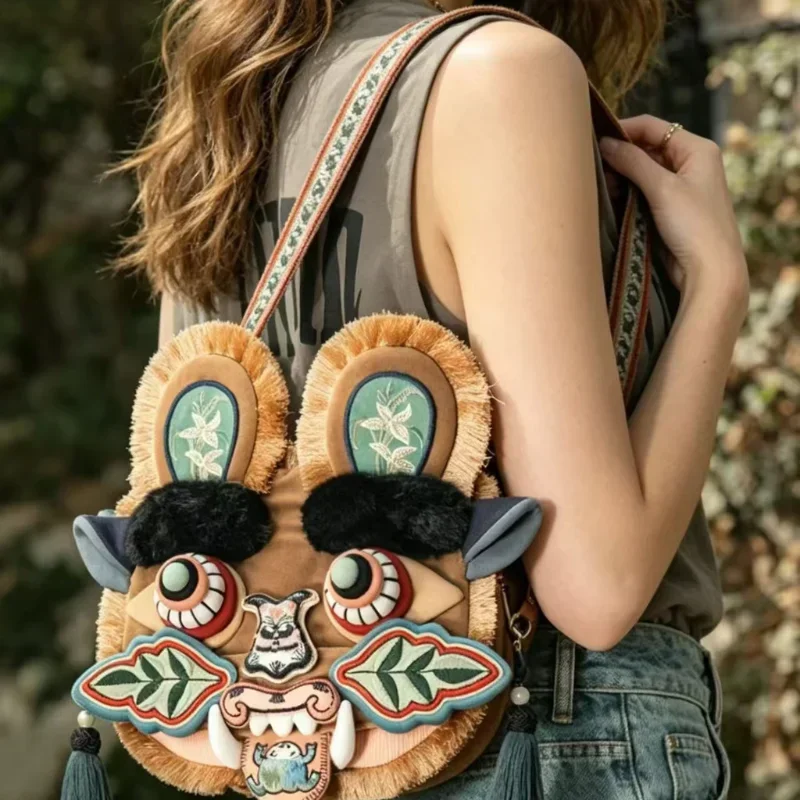 China-Chic Lion Awakening Shoulder Bags Musk Son's Pick Tiger Head Bag Chinese Style Messenger Bag Birthday Gifts for Kids Adult