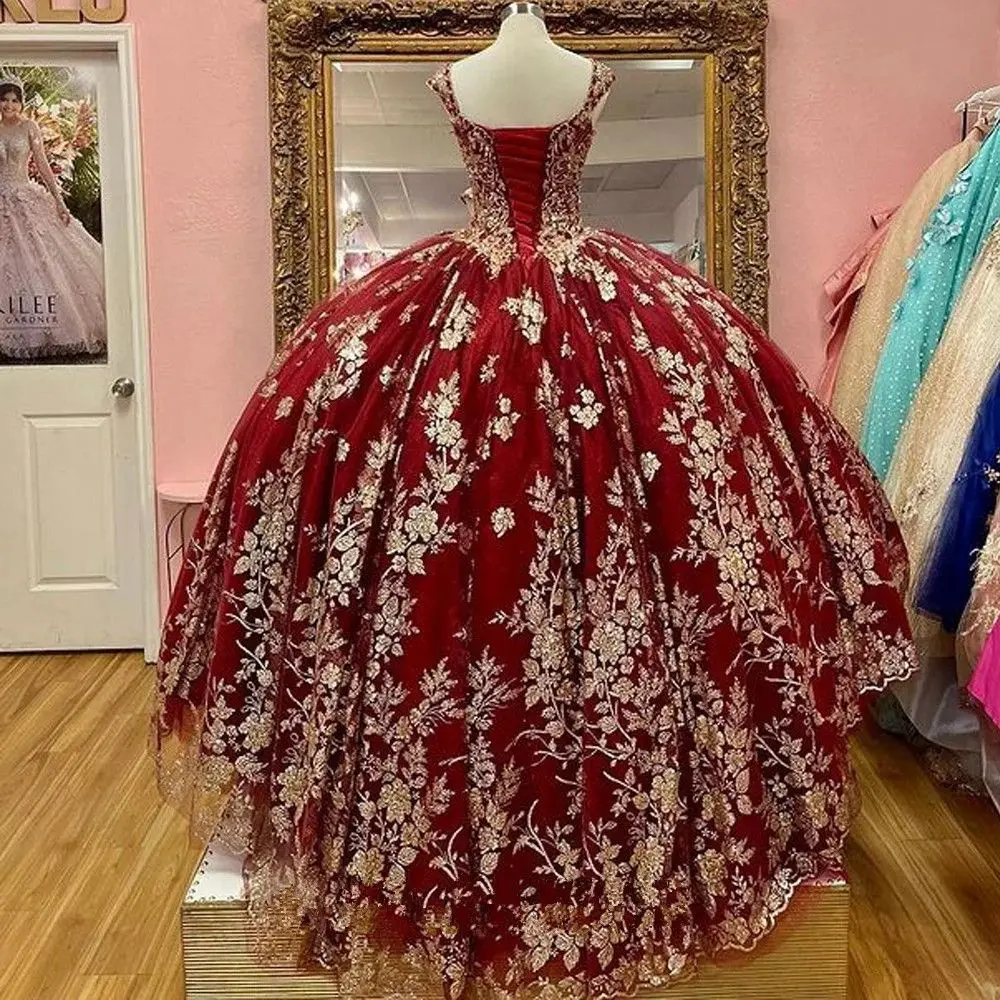 Disesuaikan renda emas Burgundy Quinceanera gaun applique manik-manik kristal Meksiko korset manis 16 Vestidos De XV 15 Anos YQD431