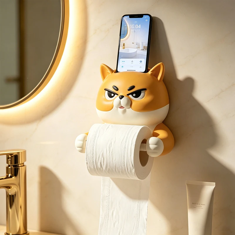 Ins Kawaii Angry Shiba Inu Wall Mount Tissue Roll Holder Resin Toilet Paper Dispenser with Phone Stand Bathroom Wall Decor Accents