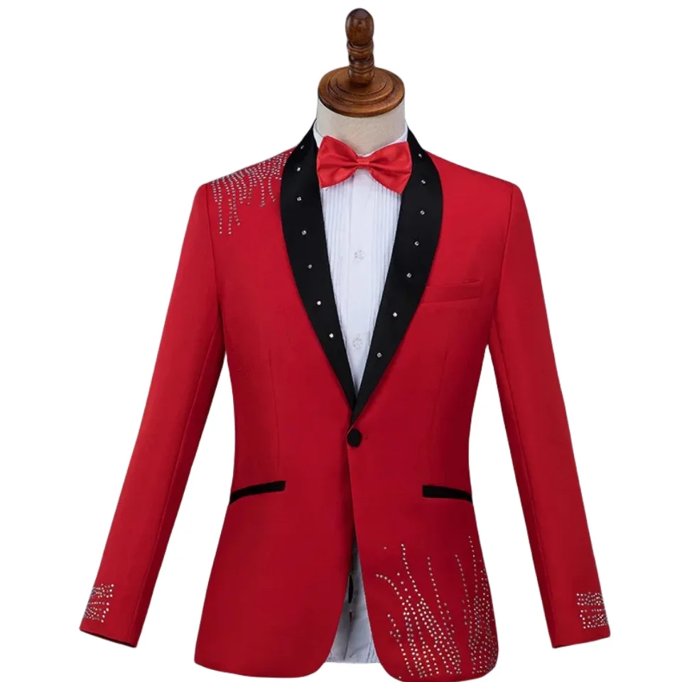 

Men Suits Red White Blue Crystals Blazers Pants Suit Singer Chorus performance Costume Wedding Master Prom Compere stage outfits