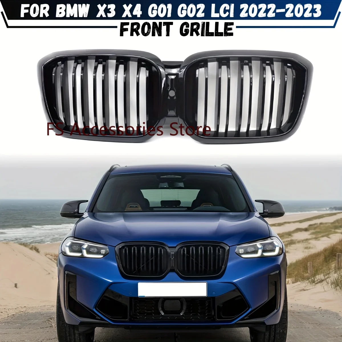 

Car Front Kidney Grille For BMW X3 X4 G01 G02 LCI 2022 2023 Dual Line Glossy Black Front Bumper Kidney Racing Grills