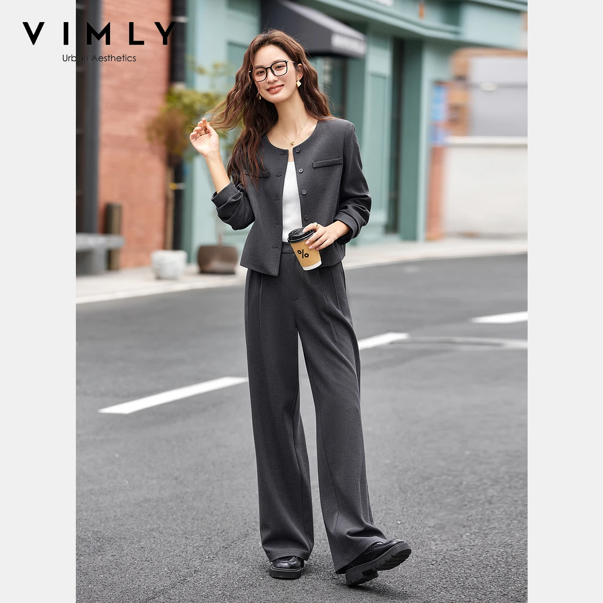 Komplety spodni VIMLY damskie 2-częściowe, eleganckie, jednolite, z okrągłym dekoltem, zapinane na guziki, modne, z szerokimi nogawkami, długie spodnie damskie, zestawy spodni A2169