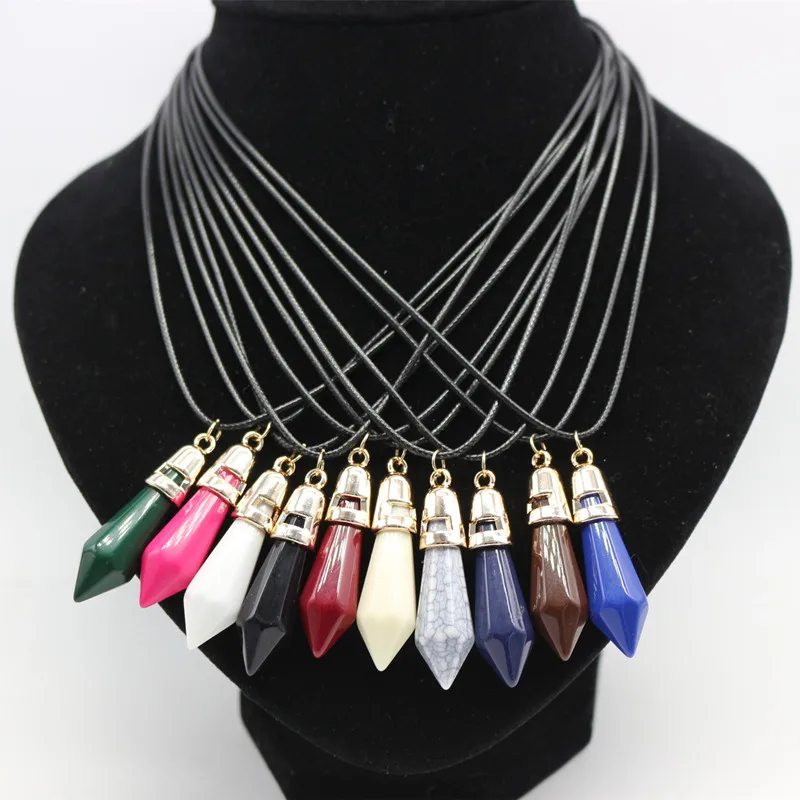 New Natural Opal Stone Bullet Pendants Necklace For Women PU Leather Statement Geometry Collares Men Collier Bijoux Jewelry Gift