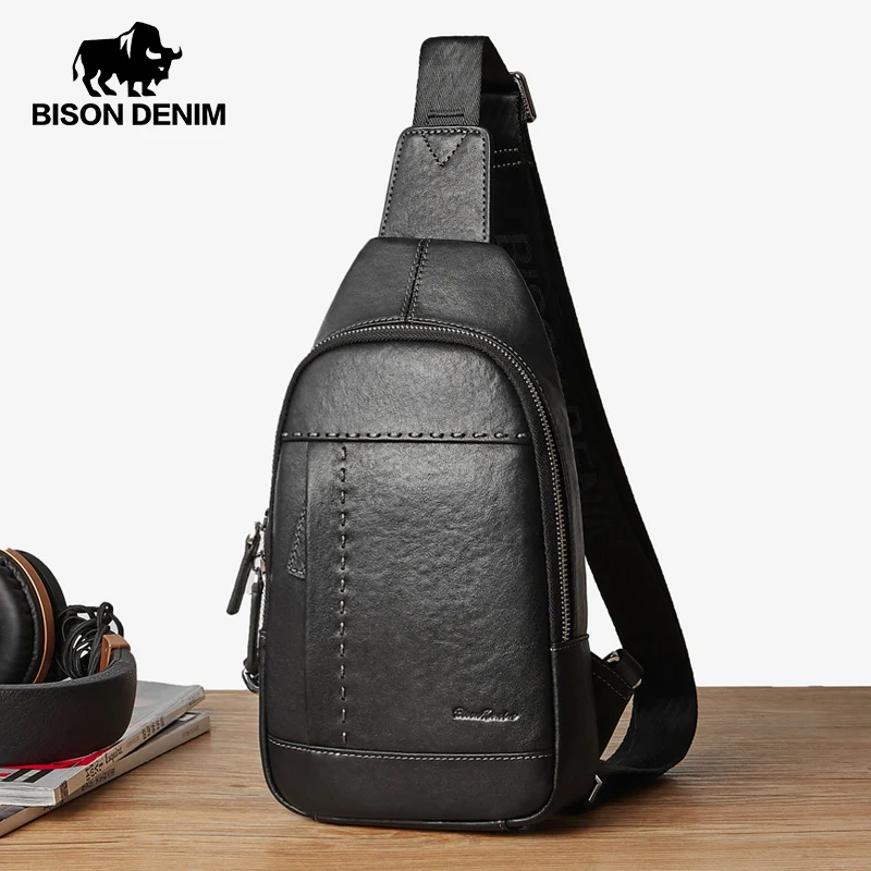 BISON DENIM Genuine Leather Men\'s Chest Pack Crossbody Bag Luxury Design Durable Handbag Vintage Leisure Shoudler Travel Purse