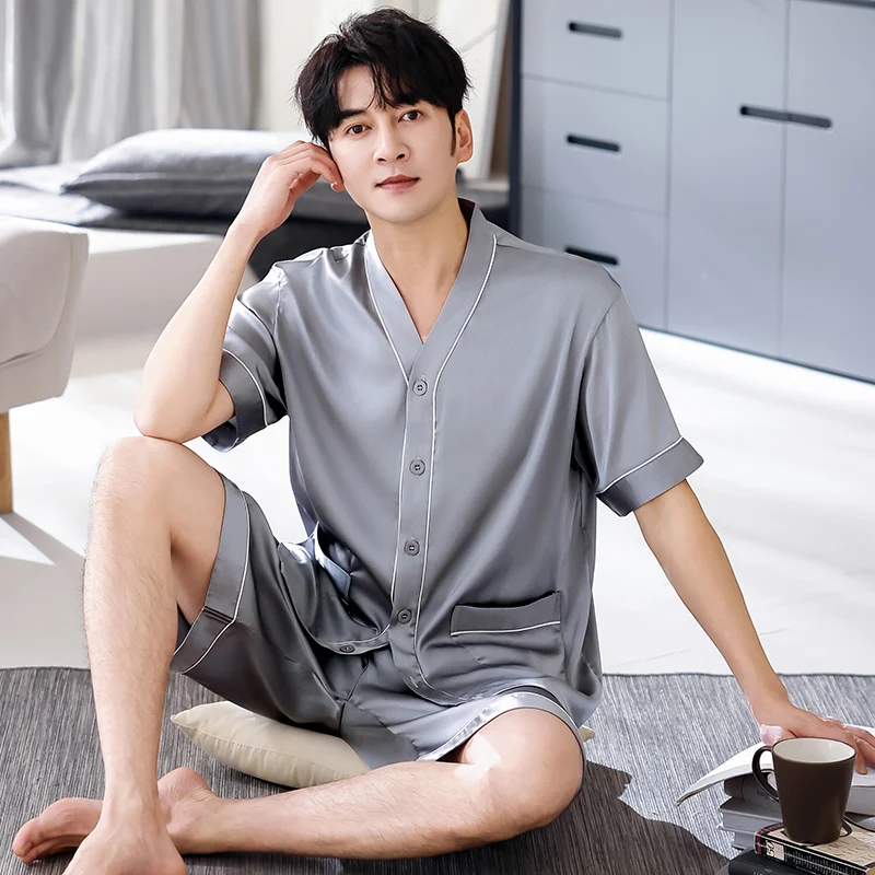 Mens Short Sleeve Lounge Wear Fashion Silk Satin Pajamas Summer Short Pants Pj Set Solid Stylish V-Neck Homewear 4xl Nightwear