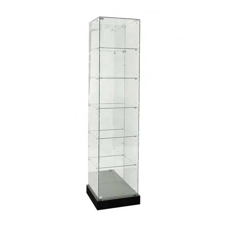 Personalizado desmontado vidro Display Tower, Frameless Showcase Tower com base preta