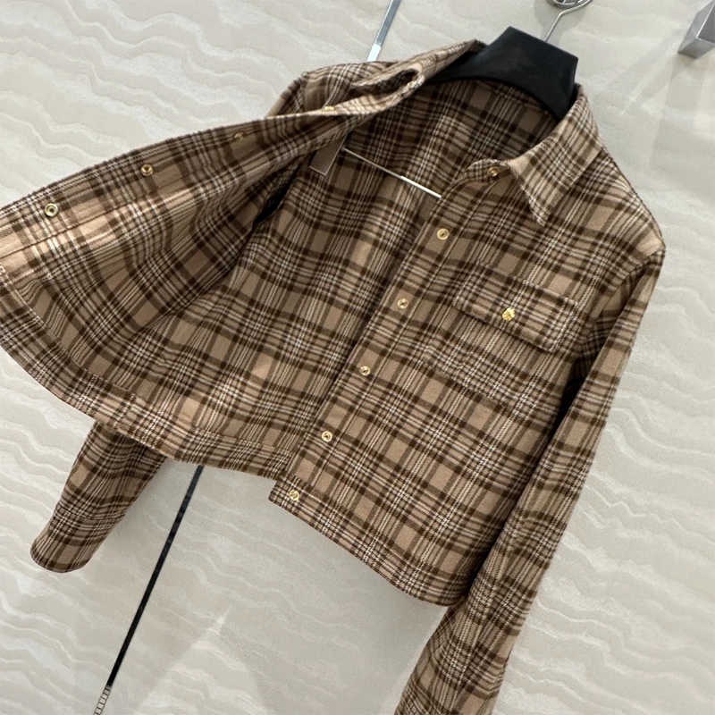 1:1 Luxury Brand CE* 2024SS Vintage Plaid High Street Casual Wool Cardigan Colourblocked Commuter Jackets Women Y2k Women's Tops