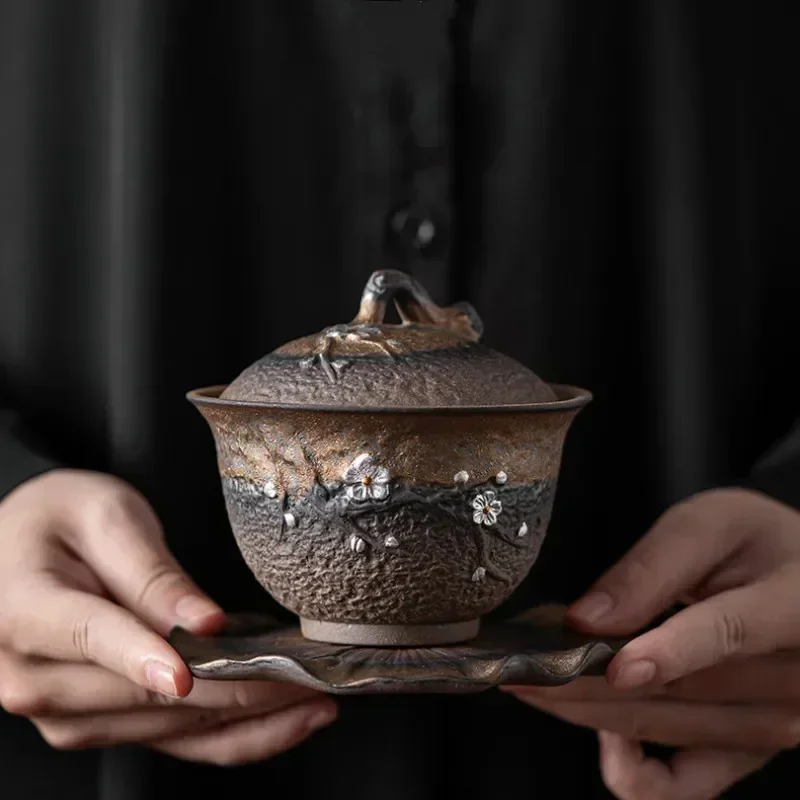 Japanese-style Gilt Iron Glazed Plum-blossom Covered Bowl Tea Cup Ancient Fired Handmade Rough Pottery Gaiwan Teaware Kitchen