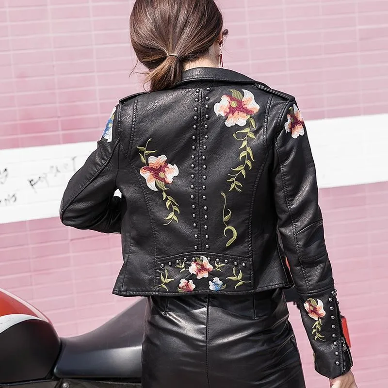 

PU Faux Leather Jackets Short Coat For Women's Spring New Embroidery Motorcycle Tops Female Fashion Lapel Outwear Chaqueta Mujer