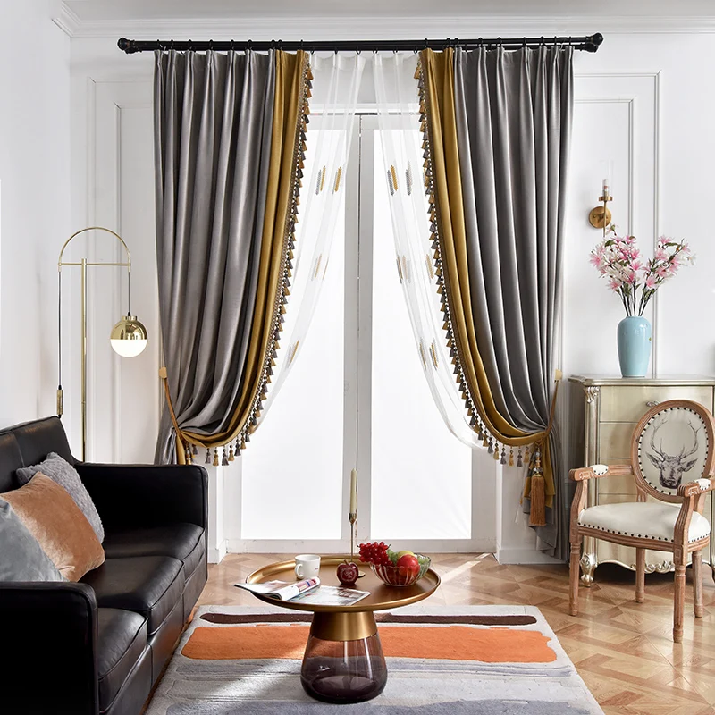 Custom Upscale luxury Nordic living room bedroom light grey patchwork gold velvet cloth blackout curtain tulle drape C1874