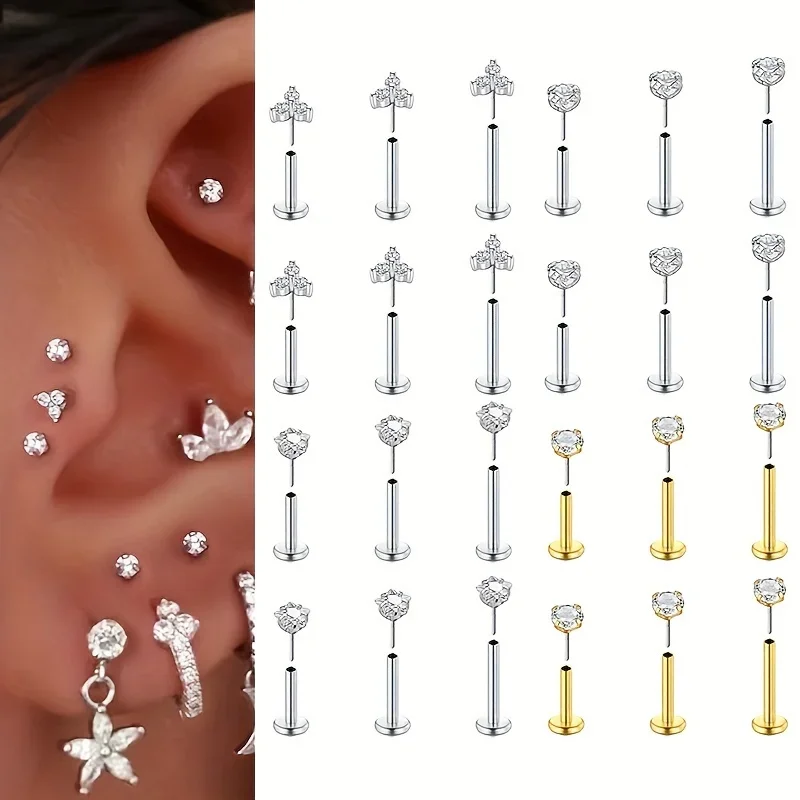 6pcs Threadless Flat Back Earrings Stainless Steel Lip Labret Rings Studs Tragus Helix Conch Cartilage Earring Studs Piercing
