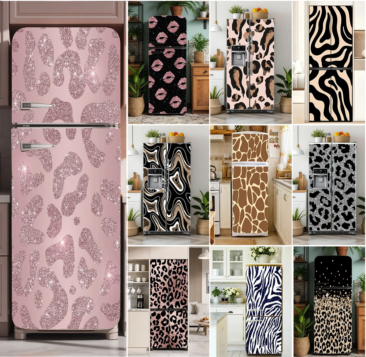 3D Leopard Animal Print Fridge Sticker Waterproof Self-adhesive Peel and Stick Refrigerator Door Cover Decal Wall Art Sticker