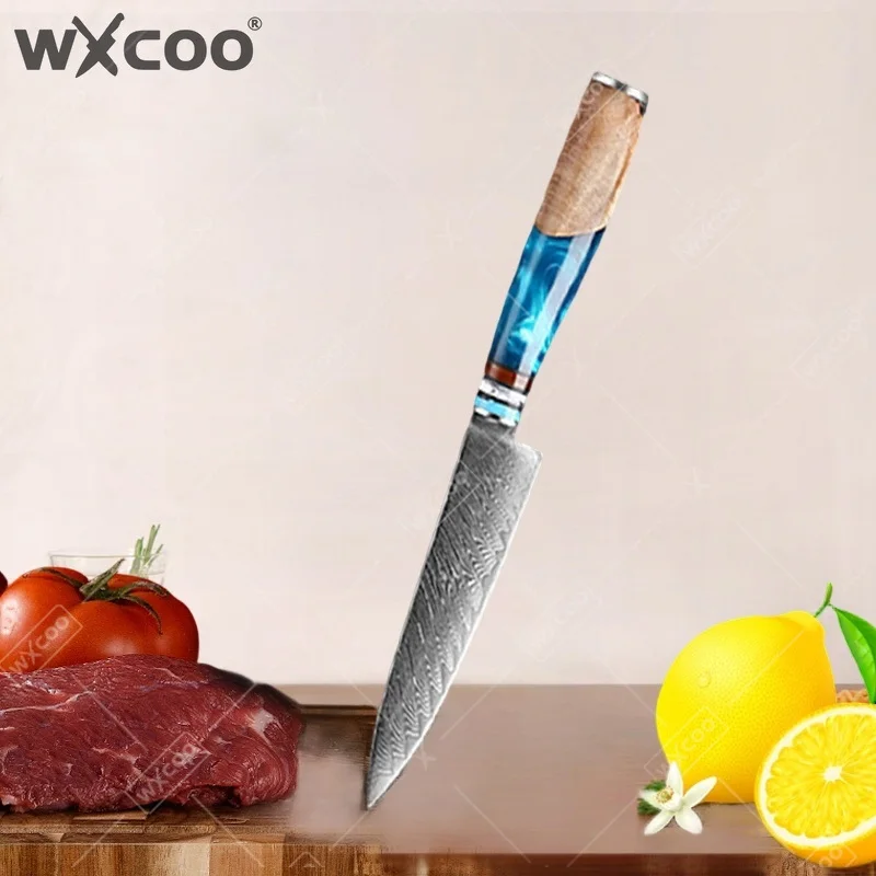 WXCOO Damaszener Stahl Kochmesser-Set Japanisches Profi-Küchenmesser-Set mit Blauem Harzgriff Allzweck-Obst- und Schälmesser-Set