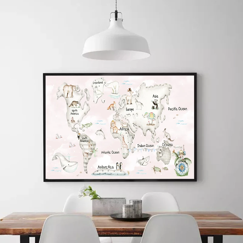 다채로운 카톤 동물 세계지도 포스터 크기, 벽 장식, 대형 세계지도, 방수 캔버스 지도, 100x52cm