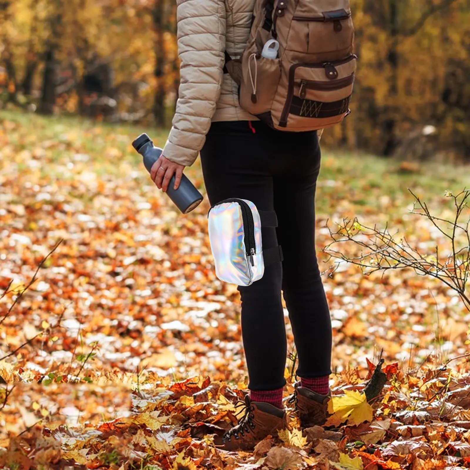 Holographic Leg Strap Bag for Hiking & Travel – Adjustable Iridescent Waist Pack, Hands-Free Walking Harness
