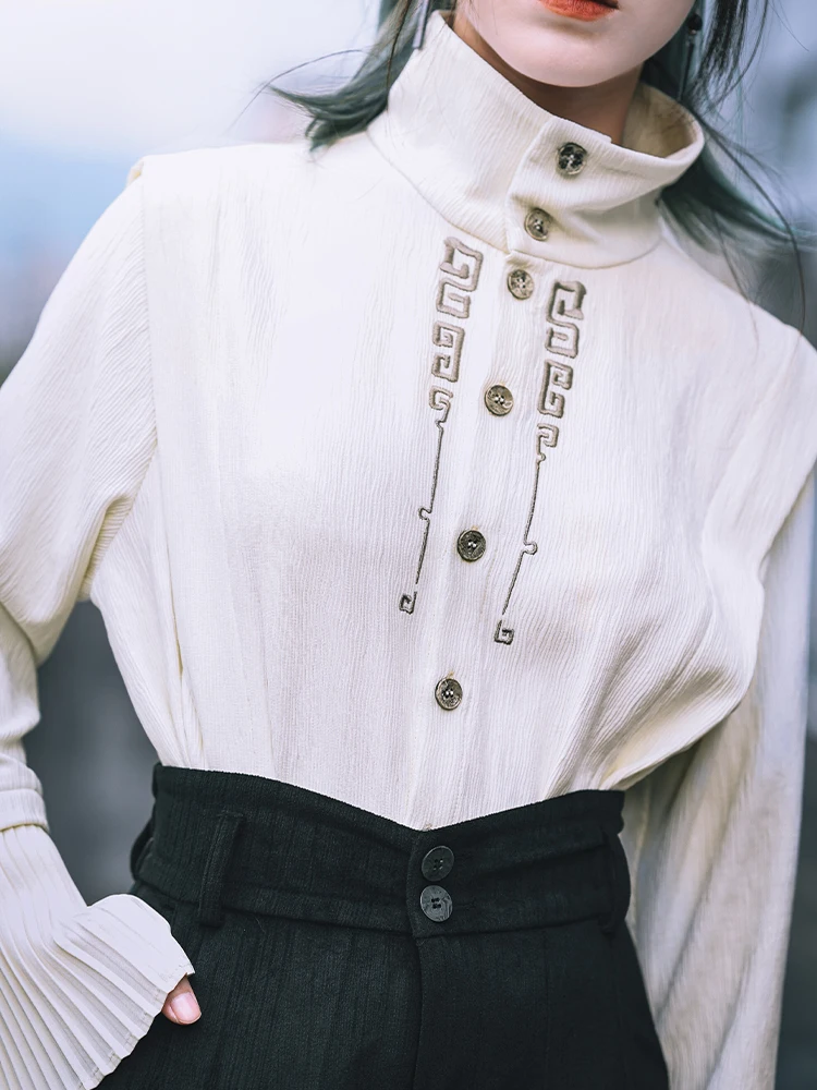 New Chinese Style National Style Han Elements Stand-up Collar Pleated Sleeves Shirt Embroidery White Shirt Blouse