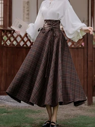 French Chic Vintage High Waisted Front Lace-Up Corset Plaid Skirt Women 2024 Autumn Winter Lolita A-Line Ruffle Long Maxi Skirts