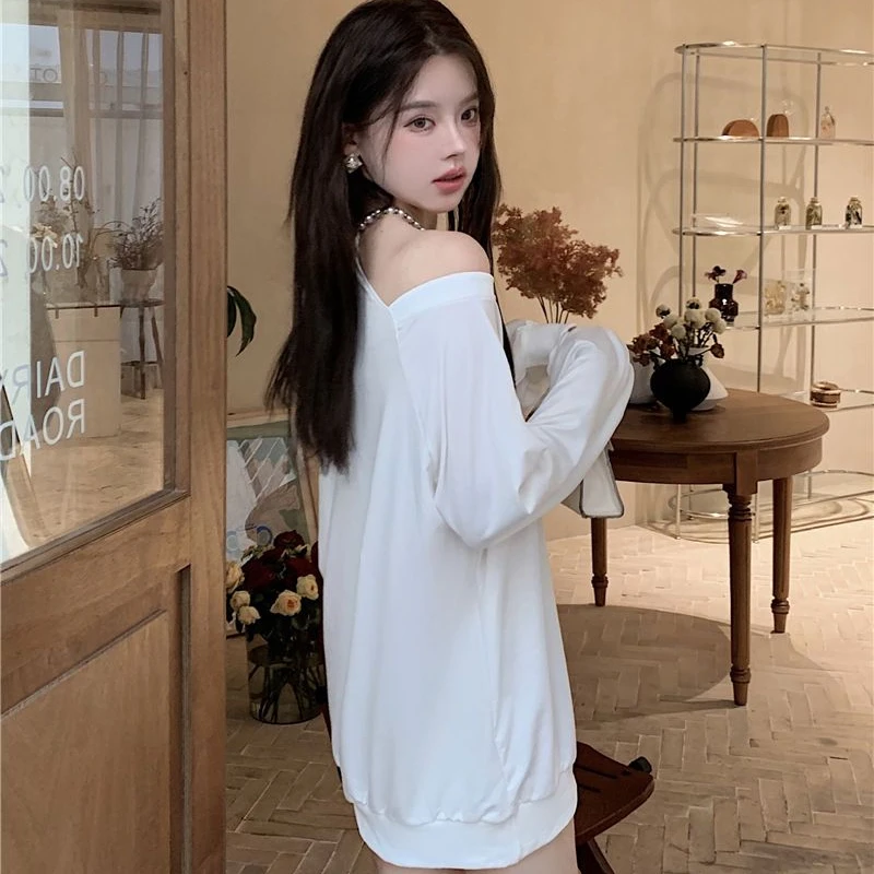 Off Shoulder Sweatshirts Women Halter Loose Temper Spring Harajuku Simple Chic Gentle All-match Korean Style Casual Schoolgirls