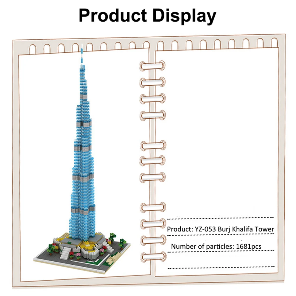 YZ053 Diamond Blocks World Famous Architecture 3D Model Set Dubai Burj Khalifa Tower Micro Mini Building Bricks Set Toys 1681PCS